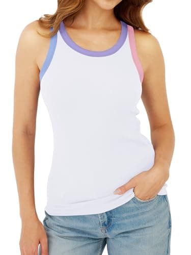 GKBK Womens Colorblock Ribbed Tank Tops Crewneck Fitted Cute Sleeveless Racerback Basic Casual Summer Cami Shirts White - Thumbnail 4