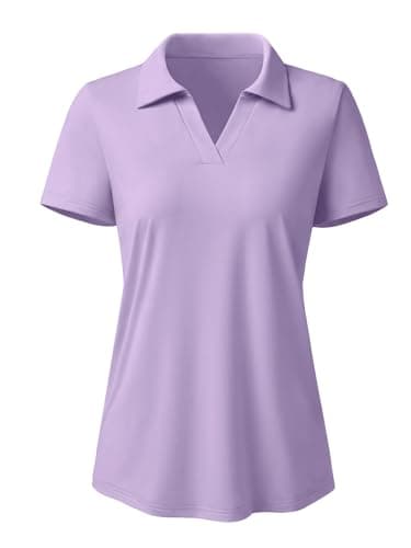 3rd hill Women's Polo Shirts Short Sleeve UPF 50+ Sun Protection V Neck Golf Tennis Collared Work Tops Dry Fit Light Purple M