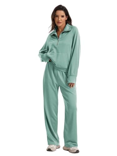 Anyshe Women's 2 Piece Sweatsuit Set Lounge Set Half Zip Sweatshirt with Kangaroo Pocket Thumb Holes Wide Leg Drawstring Pants Casual Tracksuit for Travel Daily Wear, Mint Green, Small - Thumbnail 4