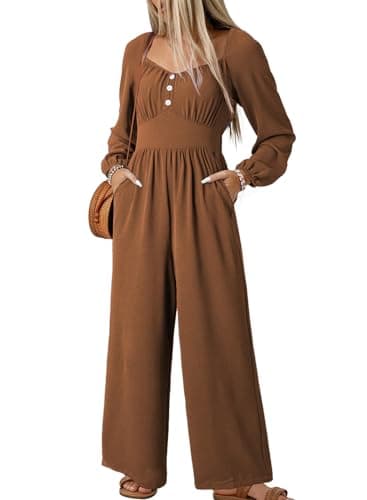 Dokotoo Jumpsuits for Womens 2025 Chocolate Brown Fall Clothes Maternity Flowy Romper Smocked Waisted Wide Leg Cruise Sexy Outfits Plus Size with Pockets for Wedding,Chestnut Small - Image 1