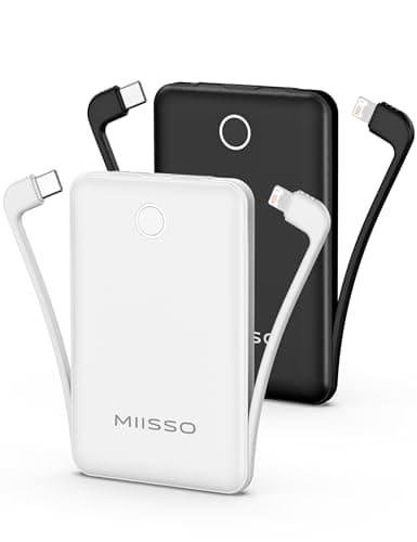 10000mAh Mini Portable Charger with Built in Cable, Pocket Size Power Bank Travel External Battery Pack for Phone, 3 Output USB Type C Cord Clutch Compatible with iPhone, Samsung, 2 Pack Black & White - Image 1