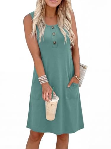 ANRABESS Women Summer Dresses 2026 Casual Sleeveless Button Down Mini Sundress Beach Loose Tank Dress Coverup with Pockets Gray Green Medium - Image 1