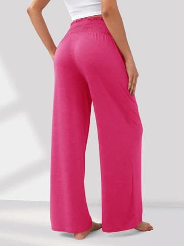 GEMLON Womens Wide Leg Pants High Waisted Palazzo Pants Summer Flowy Lounge Trousers Pants with Pockets Rosy Red 2XL - Thumbnail 2