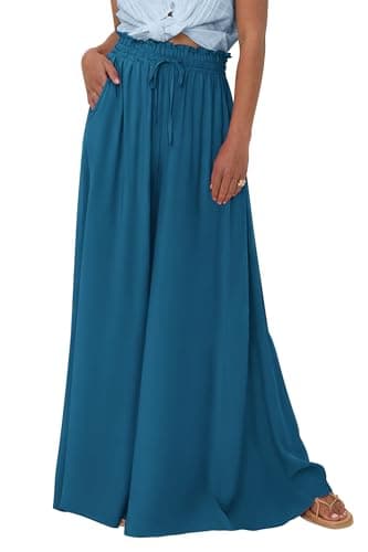 PRETTYGARDEN Women's 2026 Summer Wide Leg Palazzo Pants High Waisted Flowy Pockets Trendy Casual Lounge Boho Beach Trousers (Lake Blue,Large) - Image 1
