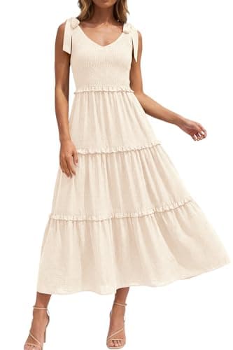 Okiwam Womens Summer Dresses 2026 Sleeveless Tie Strap Maxi Long Flowy Beach Sundresses Boho Swiss Dot Spring Wedding Guest Dress-L Beige