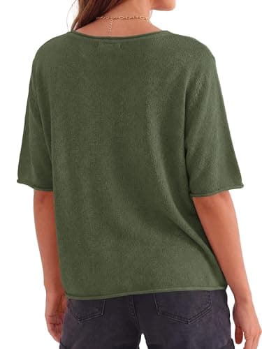 BTFBM Sweaters for Women 2026 Summer Oversized Half Short Sleeve Knitted Pullover V Neck‌ Casual Loose Fit Spring Tops(Army Green, Small) - Thumbnail 4