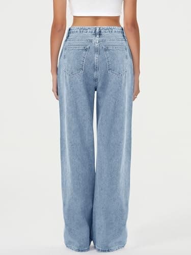 HDLTE Baggy Stretchy Jeans for Women High Waisted Trendy Wide Leg Jeans Boyfriend Denim Pants with Patch Pockets(Light Blue,X-Small) - Thumbnail 2