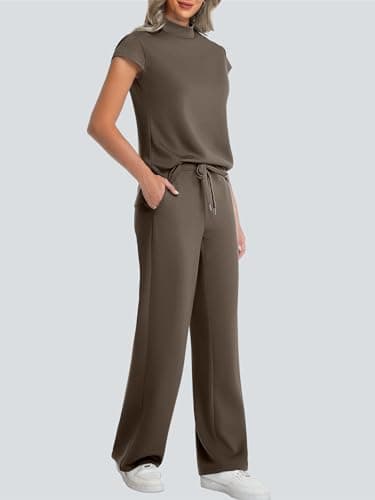Casly Lamiit Two Piece Lounge for Women Summer Mock Neck Short Sleeve Tops Lounge Set Travel Airport Vacation Outfits Resort Wear Coffee M - Thumbnail 4