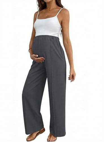 BLENCOT Women's Maternity Pants Adjustable Waist Wide Leg Loose Fit Activewear Trousers Pregnancy Dressy Work Pants Knit Comfy Joggers with Pockets Carbon Grey XL - Image 1