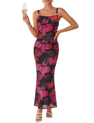 ZAFUL Black Flower Dress Women's Sexy Wedding Guest Dress Formal Sleeveless Cocktail Floral Mesh Ruched Bodycon Maxi Party Long Dresses - Image 1