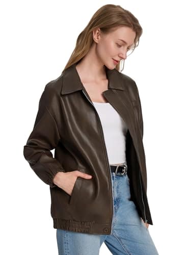 Moreone Faux Leather Jacket Women Oversize Leather Bomber Jacket Zip Up Going Out Jackets for Women 2026 Fall Fashion Moto Jacket coffee S - Thumbnail 4