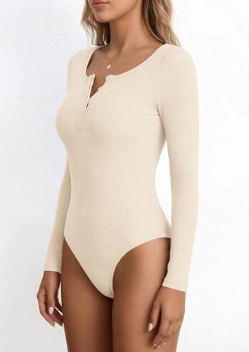 PRETTYGARDEN Long Sleeve Bodysuits for Women 2026 Ribbed Knit Henley Button Up Slim Fitted Basic Tops Winter Fashion Clothing (Beige,X-Large) - Thumbnail 3