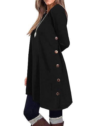 KORSIS Dresses for Women Black Medium Long Sleeve Round Neck Casual Button Side T Shirts Loose Fitting Sweater Fall Winter Tunic With Leggings - Image 1