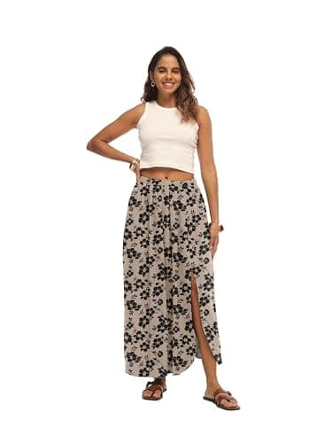 HiMONE Women Maxi Skirt with Side Slit Flowy A Line Elastic Waist Lightweight for Vacation Everyday Wear - Thumbnail 2