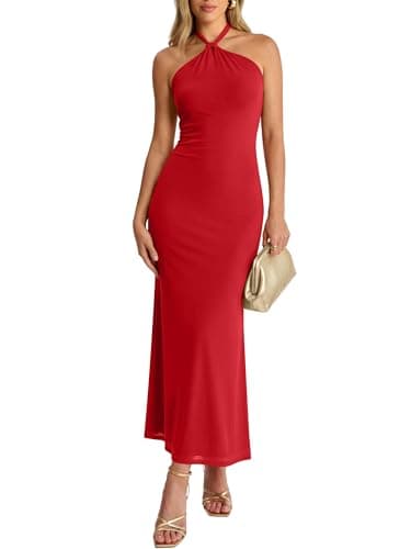 Prinbara Womens Halter Neck Bodycon Maxi Dresses 2026 Summer Mesh Backless Elegant Formal Wedding Guest Party Club Long Dress Red Small - Image 1