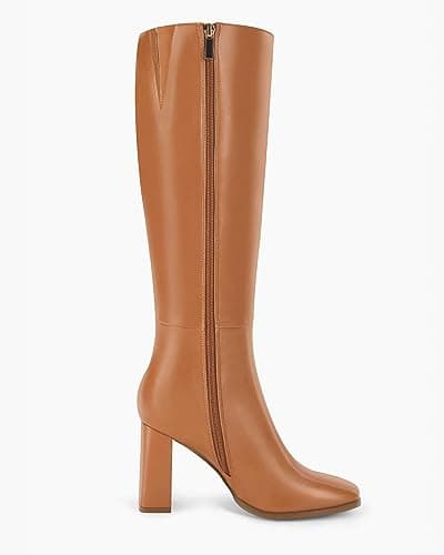 Coutgo Womens Square Toe Knee High Boots High Chunky Heel Side Zipper Faux Leather Winter Tall Boots - Thumbnail 6