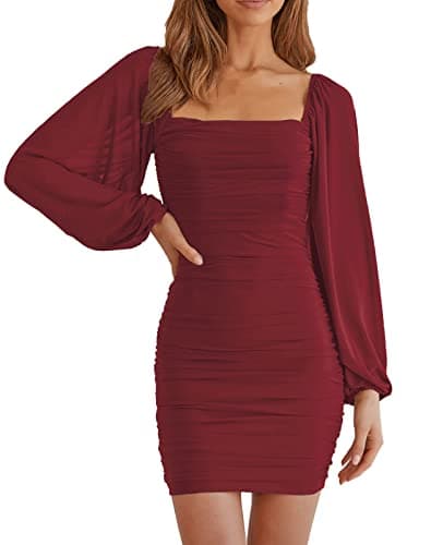 MEROKEETY Womens Long Sleeve Mesh Bodycon Cocktail Dress 2026 Square Neck Ruched Club Mini Dress WineRed Medium - Image 1