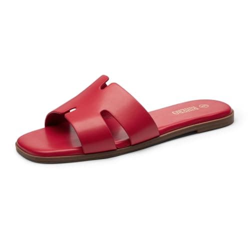 Rihero Red Slide Sandals Women Comfortable Dressy Open Toe Slides Fashion Cute Slip On Flat Sandals for Summer Size 6 - Image 1