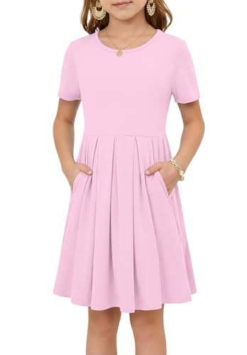 Girls Summer Short Sleeve Dress Kids Casual Crew Neck Pleated Loose A Line Swing Knee Length Cute Dress with Pockets Pink S - Image 1