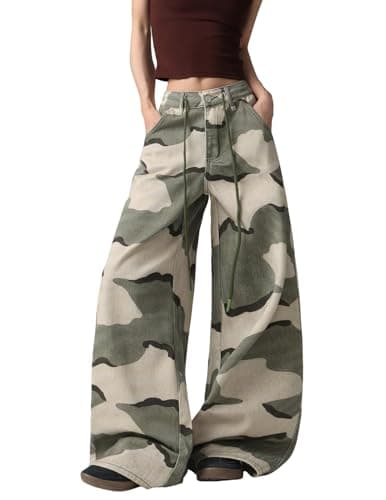 MaxOpen Camo Cargo Pants for Women Mid Waist Wide Leg Camouflage Army Fatigue Jean Y2k Hip Hop Baggy Trouser Streetwear Green