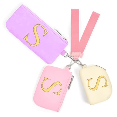 Mini Zip Around Keychain Wristlet Wallets for Women and Girls: Three Coin Purses with 2 Straps - Best Gifts for Birthdays, Christmas, Wedding Parties, Valentine's Day, New Year (S, Purle&Pink&Cream)