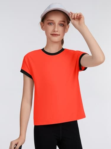 ZDC Girls Athletic Shirts Kids Summer Short Sleeve Workout T Shirt Quick Dry Tops Color Block Gym Yoga Tee Bright Orange - Thumbnail 3