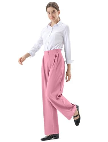 JOYCATCH Womens Wide Straight Leg Work Pants Casual Slacks Business Office Trousers Button Dress Pants Hot Pink - Thumbnail 3
