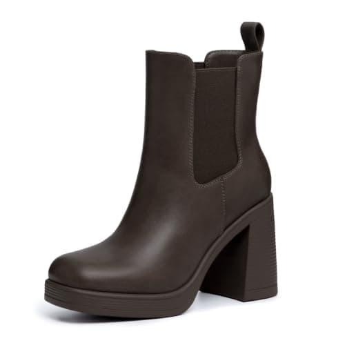 Athlefit Women's Platform Chelsea Boots High Chunky Heel Ankle Boots Square Toe Slip On Elastic Heeled Booties Dark Brown Size 10