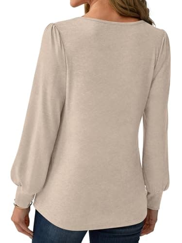 GKBK Womens Long Puff Sleeve Tops Dressy Business Casual Blouses Basic Loose Fit Round Neck Work Shirt Pleated Keyhole Cute Comfy 2025 Fall Winter Fashion Clothing Outfits Beige Small - Thumbnail 3