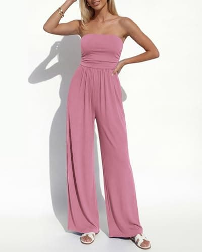 BTFBM Jumpsuits For Women Summer 2026 Beach Vacation Strapless Tube Top Jumpsuit Ruched Casual Wide Leg Pant Rompers(Pink, Large) - Thumbnail 5