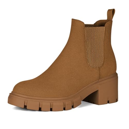 Athlefit Women's Chelsea Boots Fashion Lug Sole Chunky Heel Slip on Elastic Ankle Booties Brown Suede Size 10 - Image 1