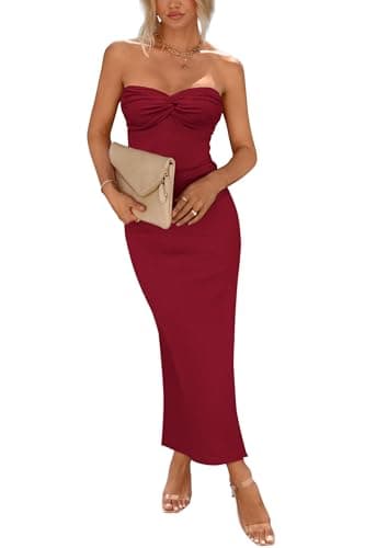 PRETTYGARDEN Women's Bodycon Long Dresses Summer Strapless Tube Twist Knot Front Ribbed Knit Maxi Cocktail Dress with Slit (Wine Red,Large) - Image 1