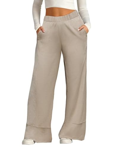 DLOODA Women's Wide Leg Linen Pants High Waisted Cotton Beach Palazzo Pants with Pockets Khaki S - Image 1