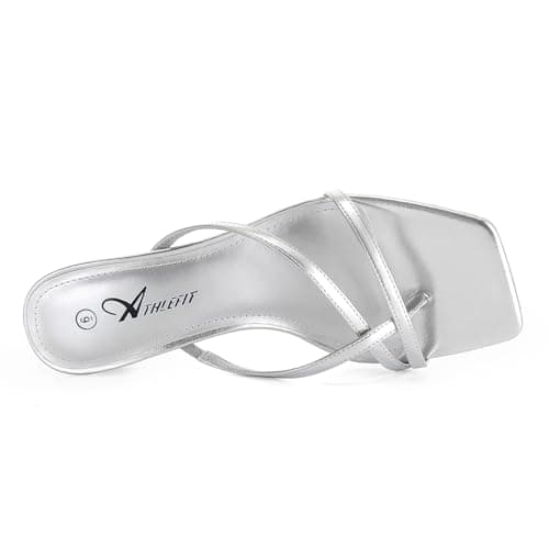 Athlefit Women's Strappy Kitten Heels Flip Flops Square Open Toe Low Heels Fashion Party Dress Shoes Thong Heeled Sandals Silver Size 6 - Thumbnail 5
