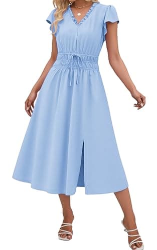 Angashion Womens Summer Midi Dresses Casual V Neck Cap Sleeve Empire Waist Elegant 2026 Flowy Solid Long Dress with Pockets SBL L Sky Blue