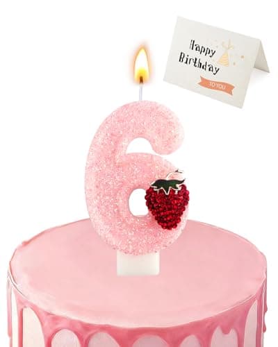 Birthday Candles for Cake, Pink Number Candles, Cake Candles with Greeting Card for Birthday Party Wedding Anniversary Celebrations (Strawberry 6 Candle) - Image 1