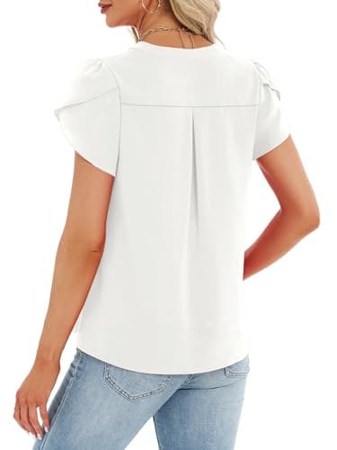 Funlingo Dressy Casual Tops for Women Short Ruffle Sleeve Business Work Blouse 2026 Spring Professional Office Pleated White Shirts M - Thumbnail 6