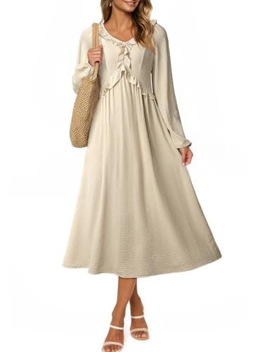 Dokotoo Maxi Dress Spring Dresses for Women 2026 Fashion Clothing Casual V Neck Teacher Outfits Boho Maxi Dress Wedding Guest Long Sleeve Elegant Classy Clothes Apricot - Image 1