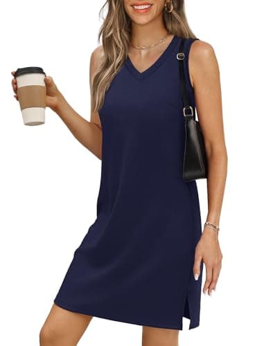 BKRIVE V-Neck Summer Casual Beach Dresses for Women 2026 Vacation Women's Sleeveless Sundress with Split Navy - Image 1