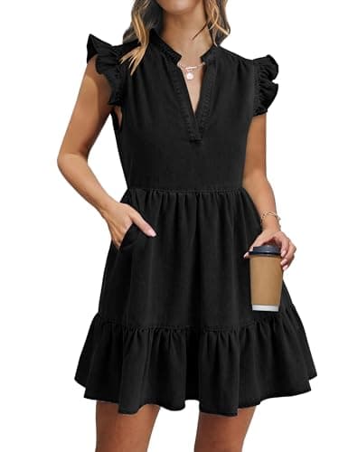 POTILI Denim Dress for Women Ruffle Short Sleeve V Neck Jean Mini Dress with Pockets Black - Image 1