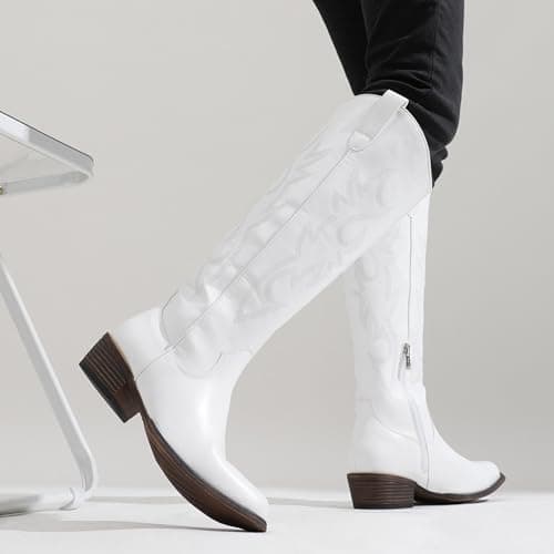 Jeossy Women's White Cowboy Boots Embroided Western Cowgirl Boots Square Toe Knee High Pull on Wide Calf Shoes with Inside Zipper Size 9.5 (DJY9809 white 09.5) - Thumbnail 3
