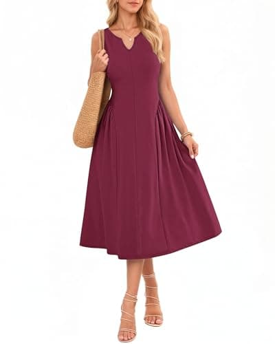 MISFAY Women's Sleeveless A-Line Maxi Dress with Pockets — Pleated Flowy Sundress for Summer Beach and Vacation(Wine Red,XL) - Image 1
