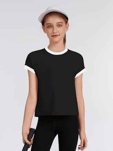 ZDC Girls Athletic Shirts Kids Summer Short Sleeve Workout T Shirt Quick Dry Tops Color Block Gym Yoga Tee Black - Thumbnail 5