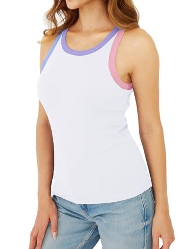 GKBK Womens Colorblock Ribbed Tank Tops Crewneck Fitted Cute Sleeveless Racerback Basic Casual Summer Cami Shirts White - Thumbnail 5