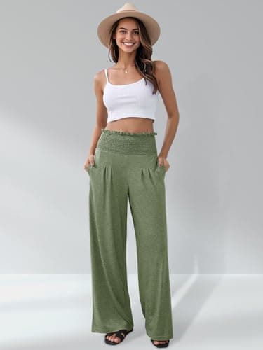 GEMLON Womens Pants High Waisted Palazzo Pants Wide Leg Long Pant Casual Lounge Trousers with Pocket(Green,S) - Thumbnail 4