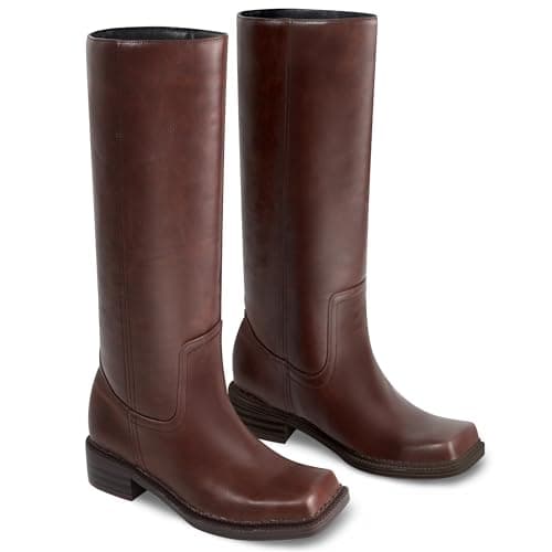 LeunDen Brown Banana Knee-High Boots for Women, Tall Riding Boots with Square Toe Low Chunky Heel Faux Leather Pull-On Campus Long Boots Size 10 - Thumbnail 5