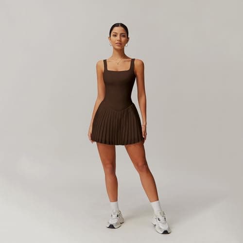 Womens Square Neck Tennis Dress Sleeveless Built in Shorts with Pockets Golf Athletic Dress Chestnut-M - Thumbnail 3