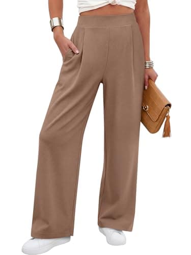 ANRABESS Womens Pants Wide Leg Waffle Knit Casual Stretchy Work Dress Pants 2026 Pull on Business Slacks Trousers Outfits Large Coffee