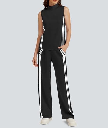 Casly Lamiit 2 Piece Lounge Set Women Travel Outfits Casual Tracksuit Jogging Sweat Activewear Mock Neck Sleeveless Top Long Pants Black S - Thumbnail 3