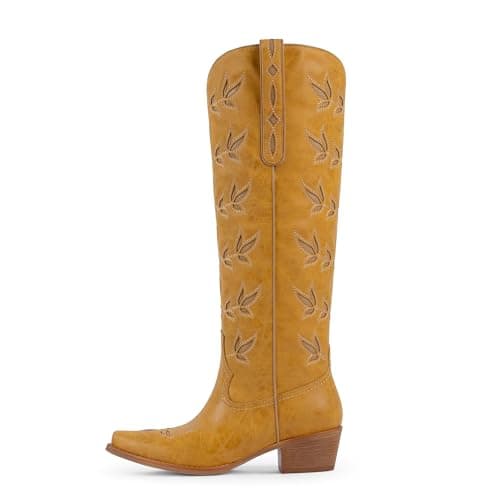 QIY Cowboy Boots for Women Knee High Womens Cowgirl Boots Nashville Pointed Toe Chunky Heel Cow Girl Banana Yellow Western Boot Size 6 - Thumbnail 4